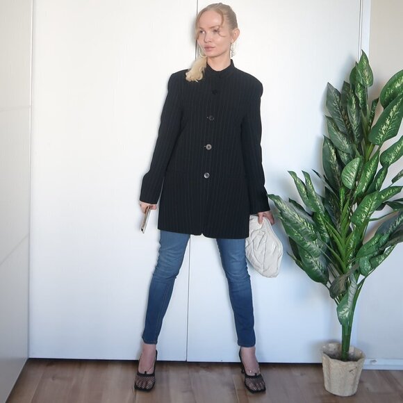 DKNY Long Pinstipe Stand Collar Career Suit Blazer - Picture 12 of 16